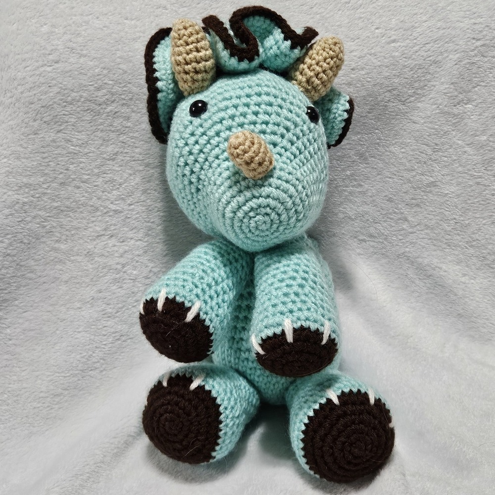 Handmade Crocheted Triceratops Amigurumi Stuffed‎ Toy Dinosaur 15" teal Brown - Picture 2 of 5